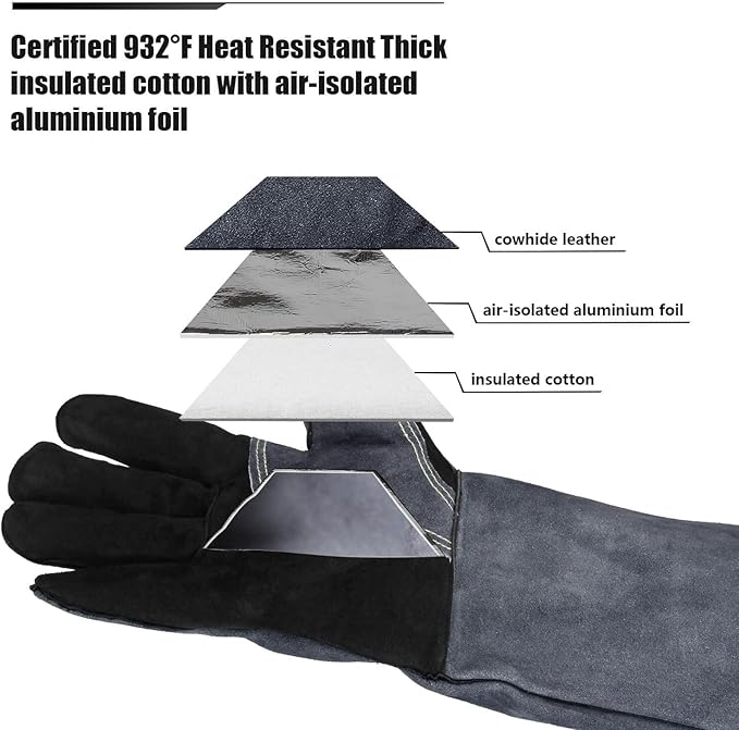 OZERO 16 Inch Heat Resistant Welding Gloves, 20% Thicker Genuine Split Cowhide 932℉ EN407 Certified Leather Fire Gloves for Grill Oven Fireplace Black-gray