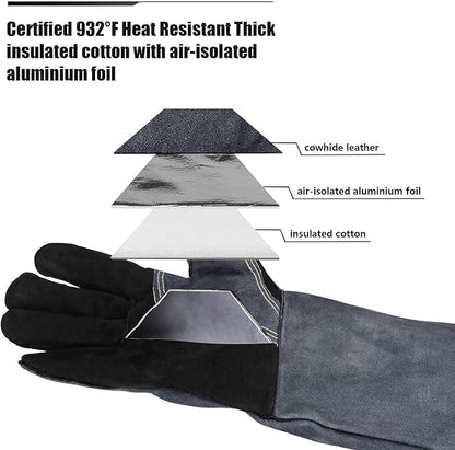 OZERO 16 Inch Heat Resistant Welding Gloves, 20% Thicker Genuine Split Cowhide 932℉ EN407 Certified Leather Fire Gloves for Grill Oven Fireplace Black-gray