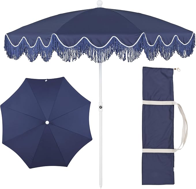 JONATHAN Y Mariner 6.5 ft. Solid Fringe Beach Umbrella, Navy/Blue | Push-Button Tilt, UV 50 Protection, Matching Carry Bag, White Iron Pole, Wind Vent, Scalloped Round Canopy