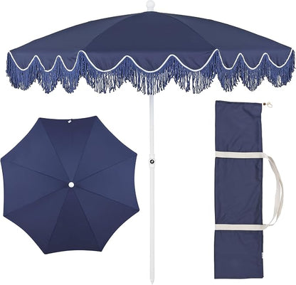 JONATHAN Y Mariner 6.5 ft. Solid Fringe Beach Umbrella, Navy/Blue | Push-Button Tilt, UV 50 Protection, Matching Carry Bag, White Iron Pole, Wind Vent, Scalloped Round Canopy