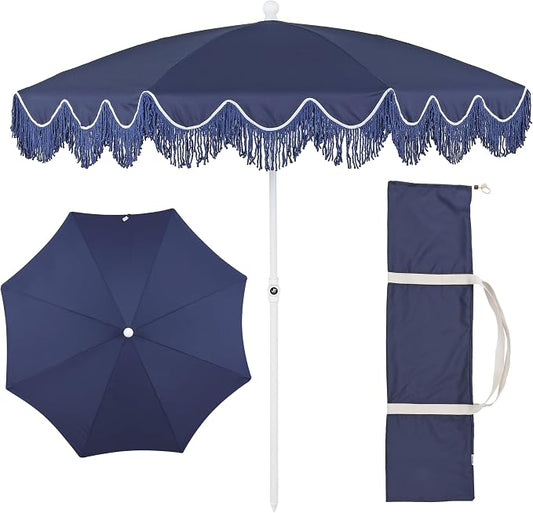 JONATHAN Y Mariner 6.5 ft. Solid Fringe Beach Umbrella, Navy/Blue | Push-Button Tilt, UV 50 Protection, Matching Carry Bag, White Iron Pole, Wind Vent, Scalloped Round Canopy