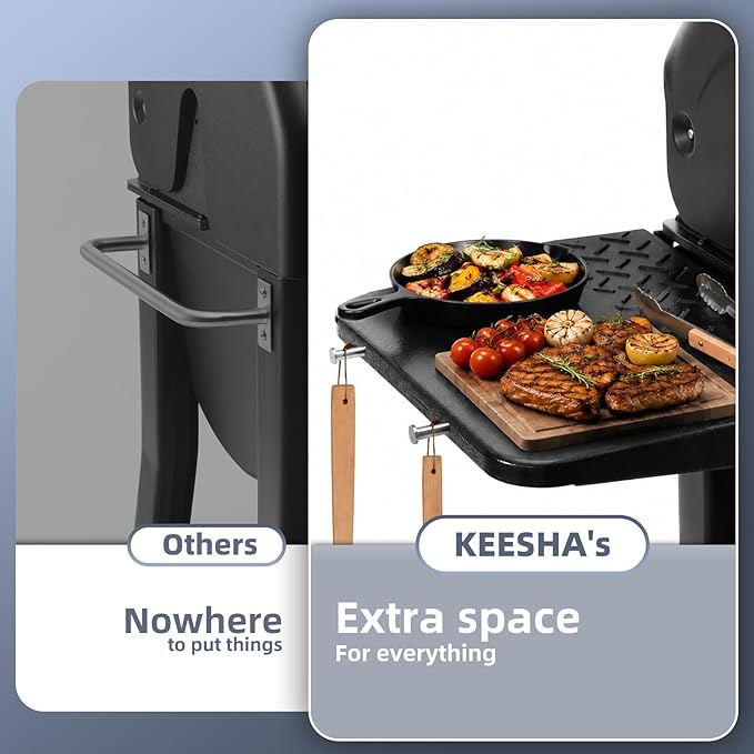 KEESHA BBQ Side Table for Weber Searwood 600/600XL Pellet Grills, Heavy-Duty Stainless Steel Folding Prep Station, BBQ Accessory with Hooks, Replace for Weber 3400140