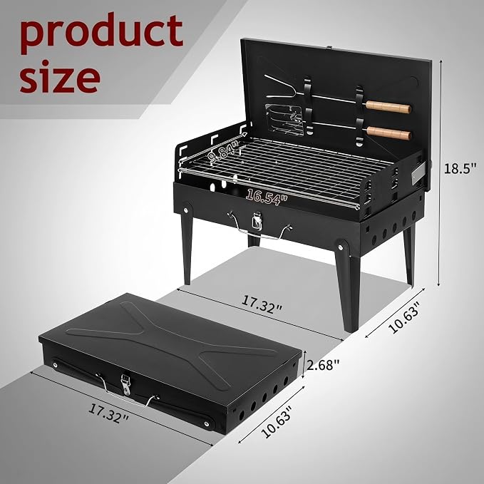 Charcoal Grills, Square Portable Charcoal Grills with Lid & 3 Adjustable heights, Barbecue Grill for Outdoor Backyard
