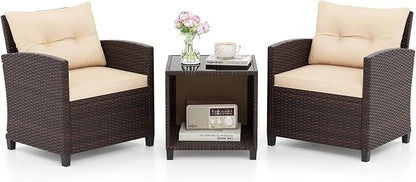 HAPPYGRILL 3 Pieces Patio Conversation Set, Outdoor Rattan Wicker Chairs & Coffee Table Set w/Cushions & Tempered Glass Tabletop, Porch Sofa Set for Backyard, Poolside