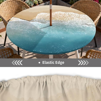Outdoor Tablecloth with Umbrella Hole and Zipper Fits 37-44" Tables | Waterproof Round Fitted Tablecloth with Elastic Edge, Wipeable Outdoor Table Cover for Patio, Garden, Picnic