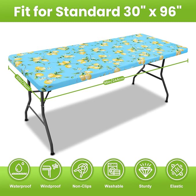 Smiry Spandex Fitted Tablecloth for 8 Foot Rectangle Tables, Washable Picnic Table Cover with Elastic, Stretch Reusable Table Cloth for Outdoor, Camping, Dining & Kitchen (Lemon, 30"x96")
