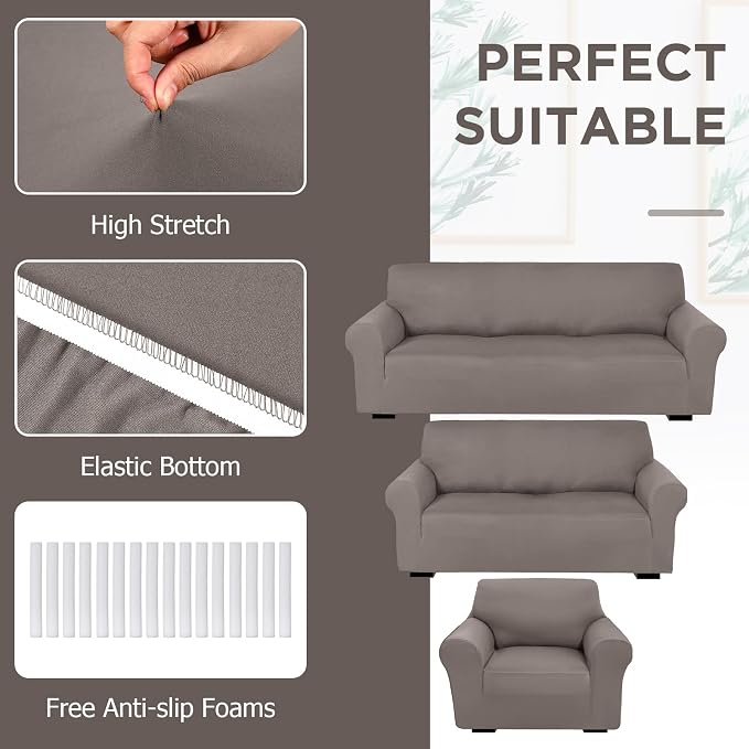 Peryiter 3 Pcs Couch and Loveseat Sofa Covers,Taupe,Milk Silk | Armchair Covers for Living Room, Sofa Cushion Slipcover, Furniture Protector, Polyester and Spandex, Washable