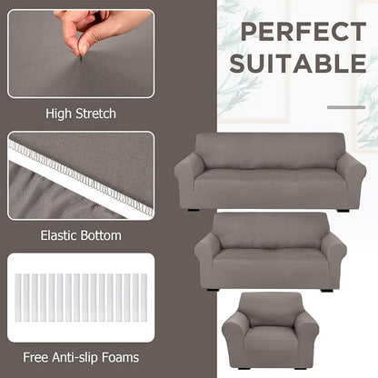 Peryiter 3 Pcs Couch and Loveseat Sofa Covers,Taupe,Milk Silk | Armchair Covers for Living Room, Sofa Cushion Slipcover, Furniture Protector, Polyester and Spandex, Washable