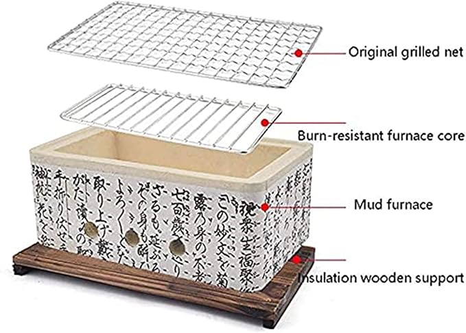 Japanese Ceramic Clay Charcoal Grill, Mini Tabletop BBQ Charcoal Stove with Wire Mesh Grill and Wooden Base for Indoor Outdoor