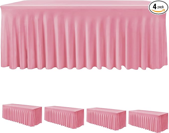4 Pack Pink Spandex Table Covers 8ft Rectangle Ruffle Skirts for Party | Elastic Table Covers 8 Foot, Pleated Fitted Table Cloths, Wrinkle Resistant Elegant Table Skirts Wedding, Banquets