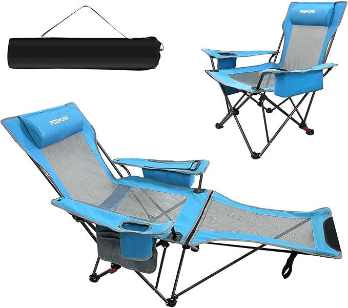 Reclining Camping Chair 4 Position with Foot Rest Comfortable for Adults 265Ibs Folding Lounger Mesh Beach Chair with Cooler Bag and Cup Holder for Outdoor Patio