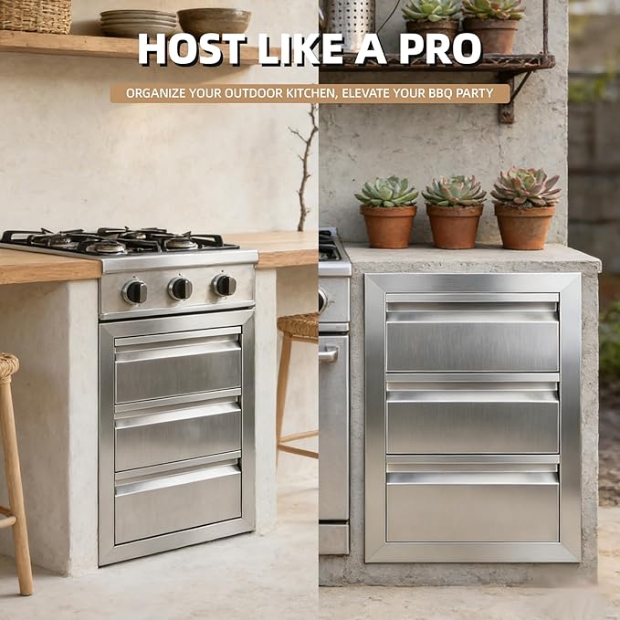 Outdoor Kitchen Drawers 18" x 23" x 23" Stainless Steel Triple Drawer Cabinet, Flush Mount Modular Storage for BBQ Islands & Patios