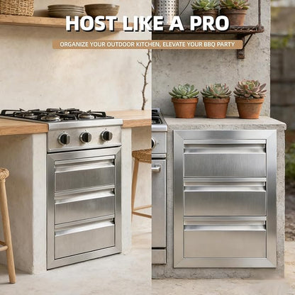 Outdoor Kitchen Drawers 18" x 23" x 23" Stainless Steel Triple Drawer Cabinet, Flush Mount Modular Storage for BBQ Islands & Patios