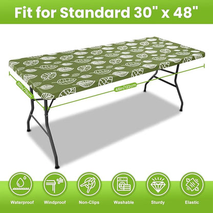 Smiry Spandex Fitted Tablecloth for 4 Foot Rectangle Tables, Washable Picnic Table Cover with Elastic, Stretch Reusable Table Cloth for Outdoor, Camping, Dining & Kitchen (Line Leaf, 30"x48")
