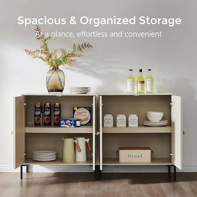 IFBUY Modern Sideboard Buffet Cabinet, 34" Tall Fluted Arched Buffet Cabinet with Storage and Adjustable Shelves, Wooden Modular Coffee Bar Cabinets for Kitchen, Entryway, Cream
