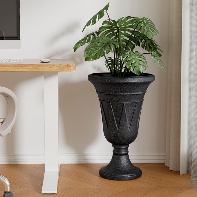 24" Tall Urn Planters for Outdoor Plants, Urns and Pedestal, Black | Resin HDPE Weather-Resistant Material, Vintage Trophy Design Outdoor Planters with Drainage Holes, Flower Pot/Vase/Porch Door