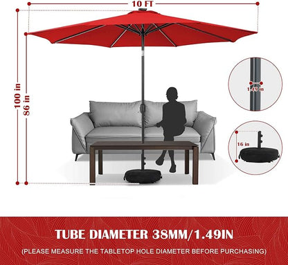 Sundale Outdoor 88 LED 10 FT Solar Patio Umbrella with Base, Red | Sand Bag Umbrella Base, Tilt, Crank, Solar Lights