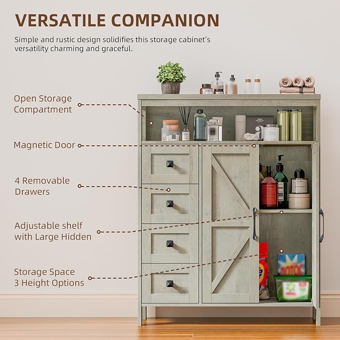 Vabches Farmhouse Storage Cabinet with 2 Doors and 4 Drawers, Freestanding Bathroom Storage Cabinet Kitchen Pantry Cabinet, Floor Cabinets Hutch Cupboard for Kitchen/Living Room/Bathroom.Grey Oak.