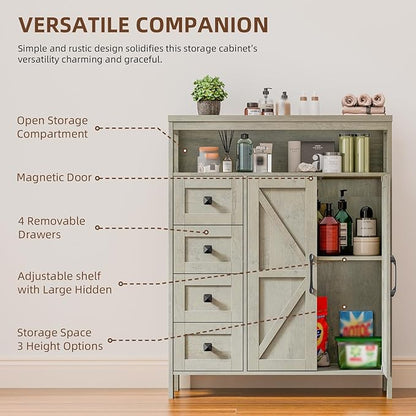 Vabches Farmhouse Storage Cabinet with 2 Doors and 4 Drawers, Freestanding Bathroom Storage Cabinet Kitchen Pantry Cabinet, Floor Cabinets Hutch Cupboard for Kitchen/Living Room/Bathroom.Grey Oak.