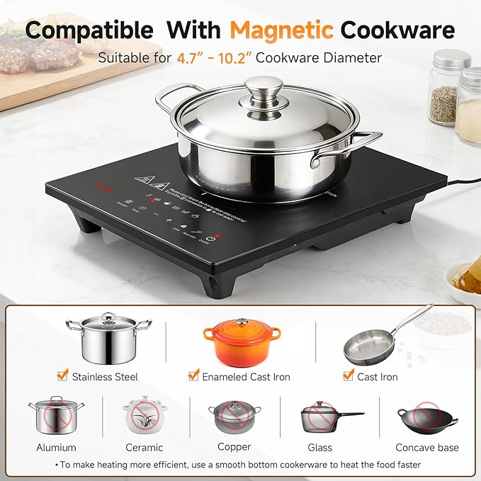 AMZCHEF Portable-Induction-Cooktop: 74 Temperature Levels Induction Burner with Digital Probe, 1800W Countertop Burner with 20 Power Levels, 6.5" Heating Coil, Low Noise Electric Cooktops with Timer