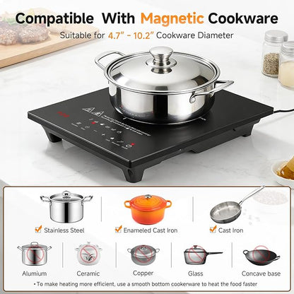 AMZCHEF Portable-Induction-Cooktop: 74 Temperature Levels Induction Burner with Digital Probe, 1800W Countertop Burner with 20 Power Levels, 6.5" Heating Coil, Low Noise Electric Cooktops with Timer
