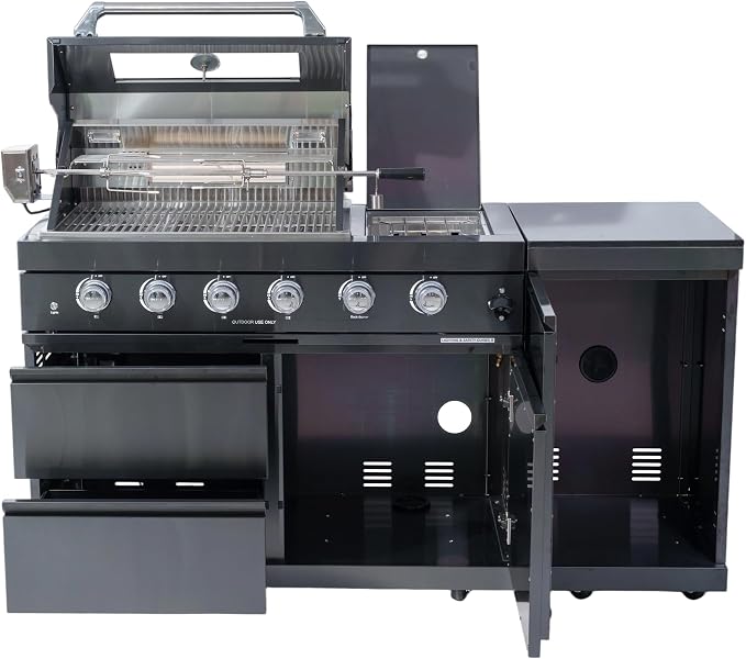 65.35-Inch 4-Burner 72000 BTU Stainless Steel Propane Gas Outdoor Kitchen Island Grill with Rotisserie Kit Round Side Burner Granite Countertops for Backyard Cooking, Black