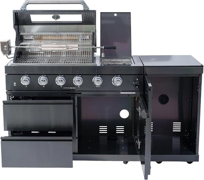 65.35-Inch 4-Burner 72000 BTU Stainless Steel Propane Gas Outdoor Kitchen Island Grill with Rotisserie Kit Round Side Burner Granite Countertops for Backyard Cooking, Black