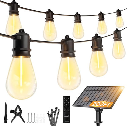 Minetom 202FT Solar String Lights Outdoor Waterproof, S14 Patio Lights | 65 LED Shatterproof Bulb, Remote Type-C Port Timable, 3 Light Modes Dimmable Solar String Lights for Outside, Yard, Camping