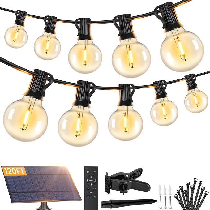 Brightever 120FT Solar String Lights Outdoor with Remote, Waterproof Dimmable 3 Modes Outdoor Lights with 50+2 LED Shatterproof G40 Bulbs, Solar Power Patio Lights for Outside Wedding Party Decor