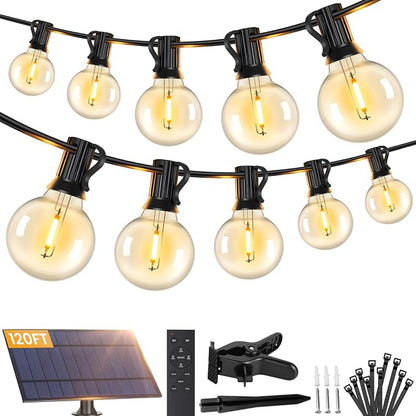 Brightever 120FT Solar String Lights Outdoor with Remote, Waterproof Dimmable 3 Modes Outdoor Lights with 50+2 LED Shatterproof G40 Bulbs, Solar Power Patio Lights for Outside Wedding Party Decor