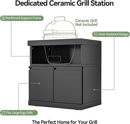 Black Stainless Steel Outdoor Egg Smoker Cabinet Without Kamado, Ceramic Grill Base, Patio BBQ Island Storage Module, Egg Not Included, No Countertop