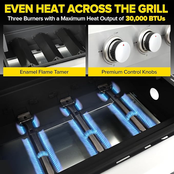 3 Burner Propane Gas Grill, 30,000 BTU Stainless Steel Outdoor BBQ Grill with 322 Sq. In. Cooking Area & 2 Foldable Side Shelves, Patio Cookout Essentials for Backyard