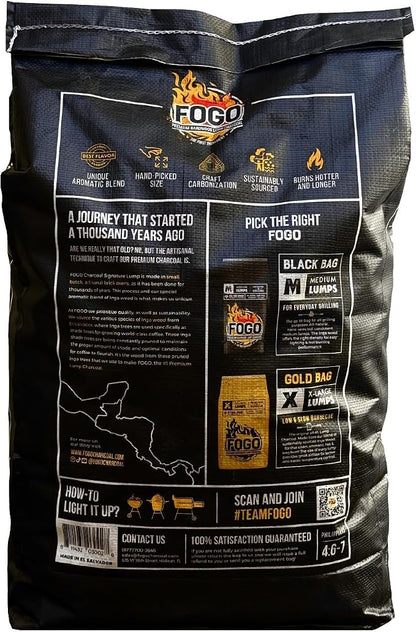 FOGO Premium Hardwood Lump Charcoal, Natural Medium Sized Lump Charcoal 17.6 Pound Bag, and Barrel Proof Bourbon Barrel Blocks, 2 Pound Resealable Bag, Bundle