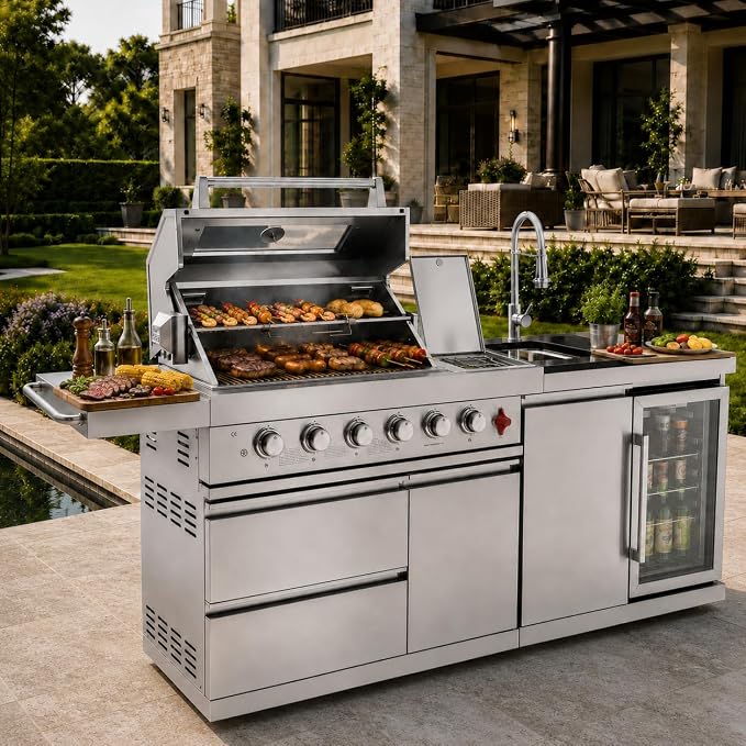 84 Inch Outdoor Kitchen Island Grill, 6 Burner 75300 BTU Propane BBQ Grill with Sink & Wheels Beverage Refrigerator, Rotisserie Kit, Griddle, Backyard BBQ SS304 Stainless Steel, Granite Top, Silver