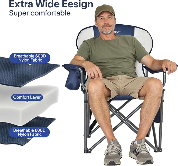 Alvantor Heavy Duty Folding Camping Chair, 500 LBS Oversized Outdoor Chair with Padded 600D Nylon Seat, Insulated Cooler Pocket, Portable for Hiking, Sports, Backyard
