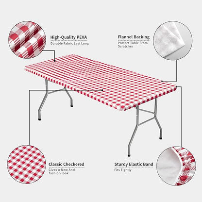 OutdoorLines Vinyl Fitted Picnic Table Cover with Bench Covers | Elastic Waterproof Camping Tablecloth for Picnic Table (Checkered Red 96x30 Inch, 3 Pcs)