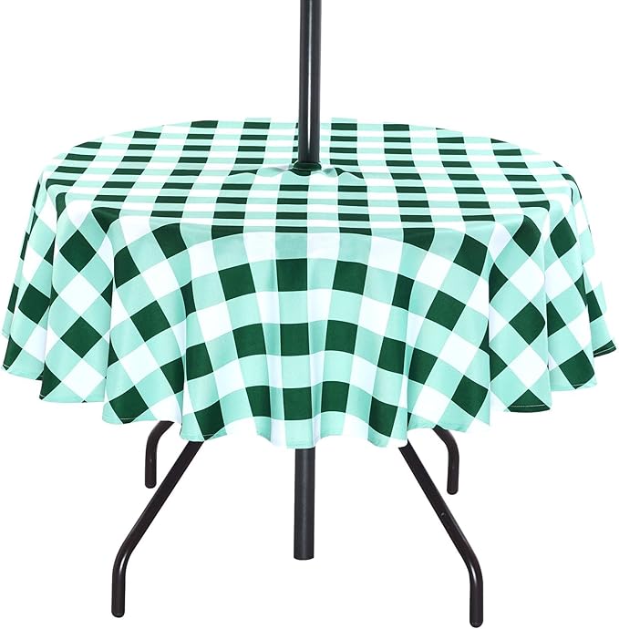 Poise3EHome Round Outdoor Tablecloth with Umbrella Hole and Zipper,Green and White Gingham 70 Inch,SpillProof Washable Table Cloth for Spring Summer Patio Garden Poolside Picnic Camping BBQS