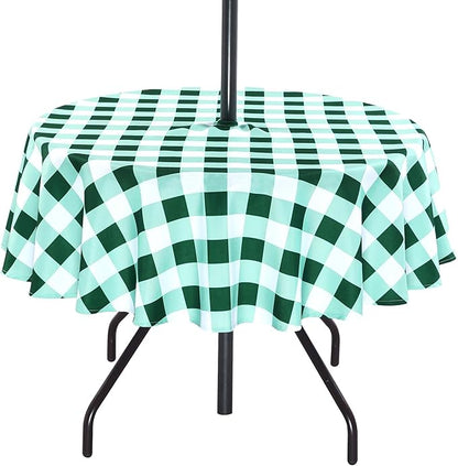 Poise3EHome Round Outdoor Tablecloth with Umbrella Hole and Zipper,Green and White Gingham 70 Inch,SpillProof Washable Table Cloth for Spring Summer Patio Garden Poolside Picnic Camping BBQS
