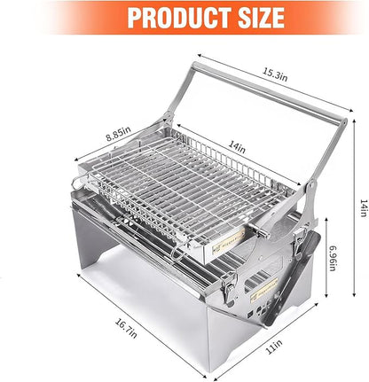 180°x2 Flip Charcoal Grill in 304 Stainless Steel, Detachable & Easy to Assemble, Versatile BBQ for Grilling Fish, Meat, Veggies, Perfect for Backyard Gatherings and Outdoor Adventures