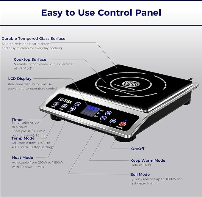 OSTBA Portable Induction Cooktop 1800W, Countertop Induction Burner | 10 Power Levels, 120-460°F Temperature Control, 3H Timer, Boil and Keep Warm Functions, ETL Certified