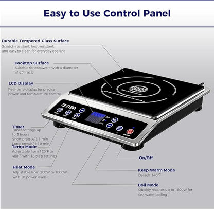 OSTBA Portable Induction Cooktop 1800W, Countertop Induction Burner | 10 Power Levels, 120-460°F Temperature Control, 3H Timer, Boil and Keep Warm Functions, ETL Certified