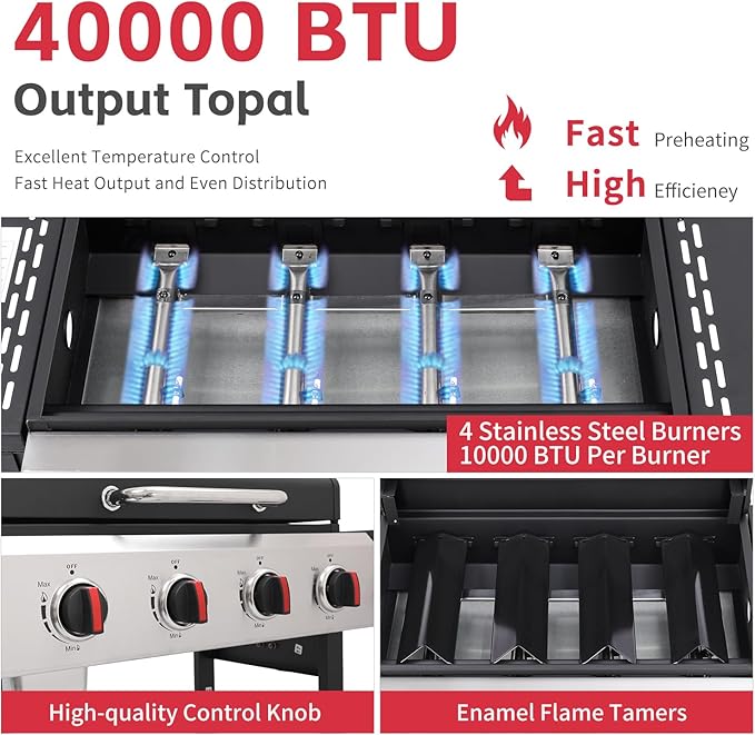 4-Burner Propane Gas Grill with Cast Iron Grate, 40,000 BTU Output & 302 Sq. Inch Cooking Space, Easy-Clean System & Foldable Side Tables for Outdoor BBQ (4-Burner)