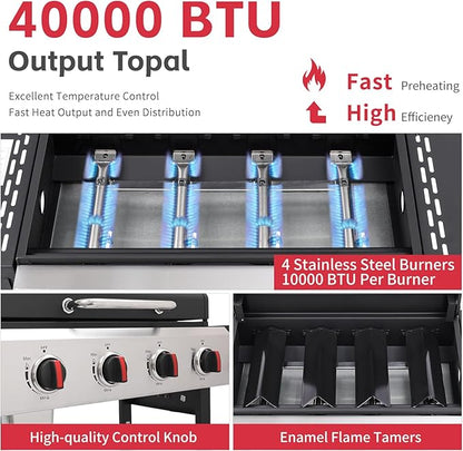 4-Burner Propane Gas Grill with Cast Iron Grate, 40,000 BTU Output & 302 Sq. Inch Cooking Space, Easy-Clean System & Foldable Side Tables for Outdoor BBQ (4-Burner)
