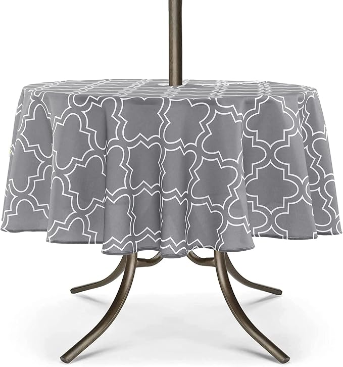UMINEUX 60" Outdoor Round Tablecloth with Umbrella Hole and Zipper | Spring/Summer Waterproof Round Patio Table Cover for Picnic/BBQ/Garden, Gray