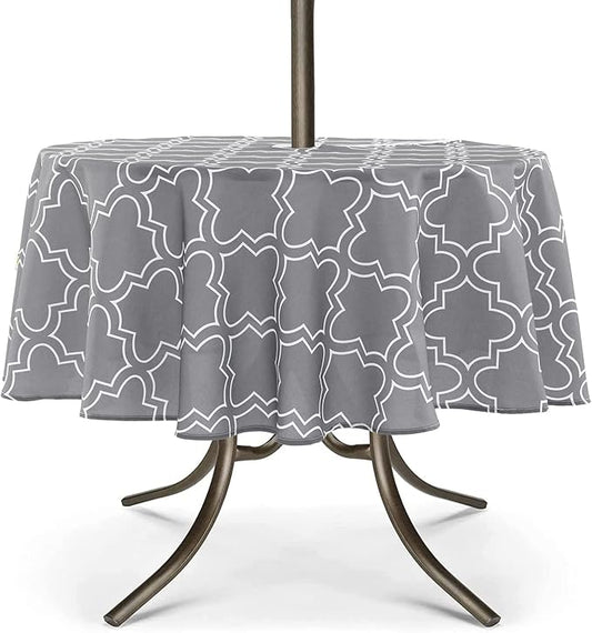 UMINEUX 60" Outdoor Round Tablecloth with Umbrella Hole and Zipper | Spring/Summer Waterproof Round Patio Table Cover for Picnic/BBQ/Garden, Gray