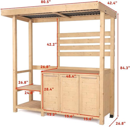 ECACAD Outdoor Kitchen Island with Canopy & Trash Can Cabinet, 6.7FT Cedar Wood Grill Bar Counter Table with Storage Cabinet & Shelves, Grill Pavilion for Patio Kitchen, Backyard, Garden, Natural