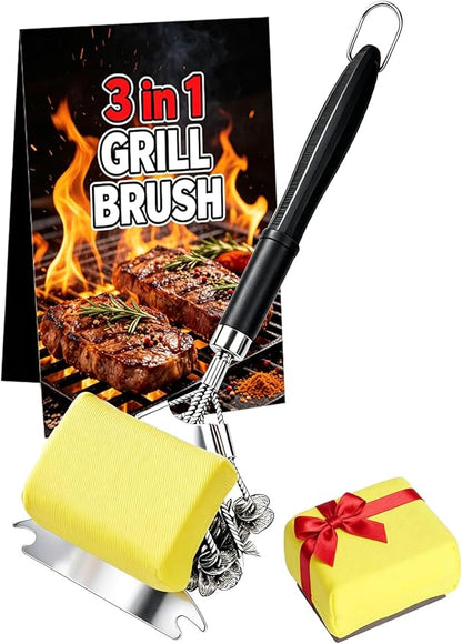 Professional 3-in-1 Grill Brush and Scraper with Safety Second Sweep Sponges - 18" Detachable Long Handle BBQ Cleaner for Heavy Duty Grime - Ideal Father's Day Grilling Gift for Men (Black)