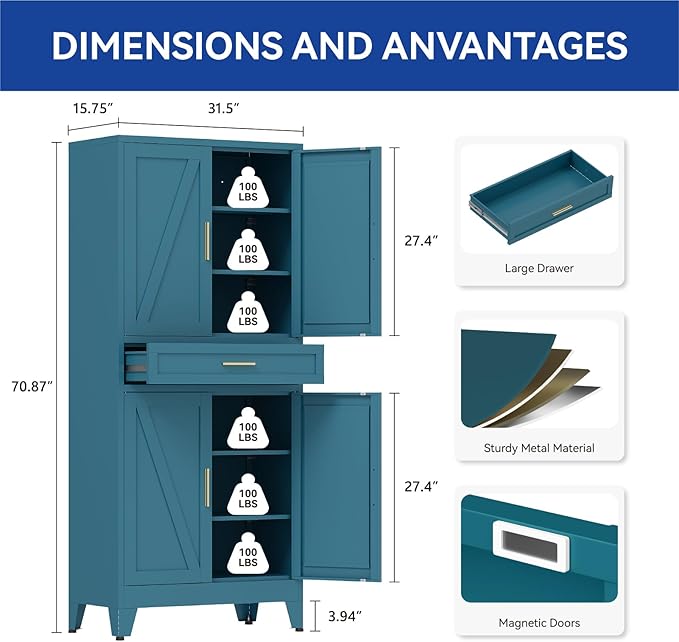 COFaR 71 in Tall Kitchen Pantry Cabinet with Drawer, Metal Pantry Storage Cabinet with 4 Adjustable Shelves and 4 Barn Doors, Freestanding Farmhouse Food Cupboard for Dining Room, Peacock Blue 6-Tier