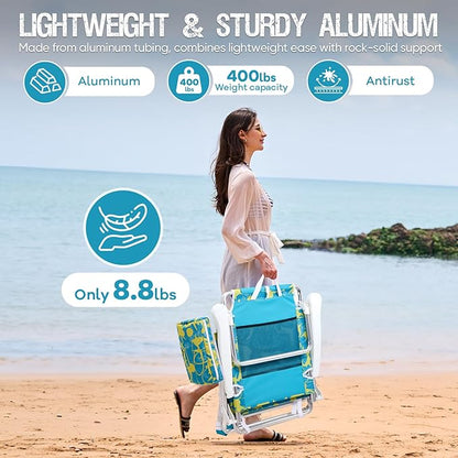 Old Bahama Bay Backpack Beach Chair, Aluminum Lightweight Reclining 5-Position Lounge Chair for Adults Heavy Duty Support 400 LBS Portable Folding with Cooler Bag Camping Chair for Sand Outdoor
