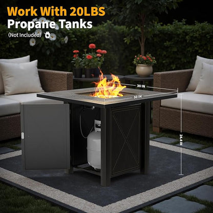 HOTEAGLE 30" Propane Fire Pit with Premium Ceramic Tabletop, 50000 BTU Powerful Gas Firepit Table - Includes Lid and Lava Rocks, Ideal Outdoor Fire Pit for Dining, Party in Patio, Garden, Yard